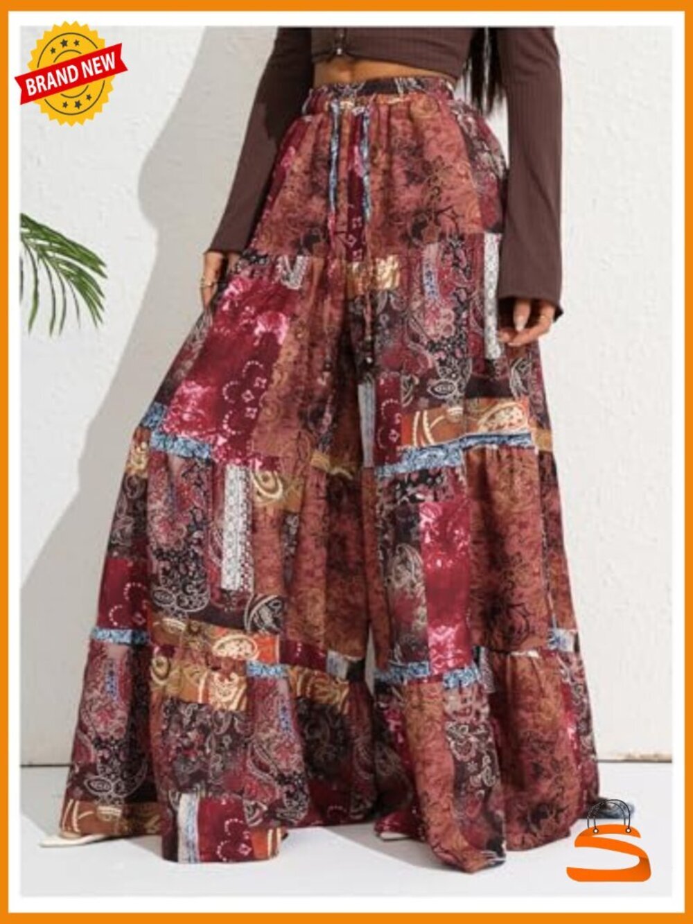 Hippie Ruffle Flowy Wide Leg Palazzo Pants Elastic Waist Vintage - Picture 3 of 5